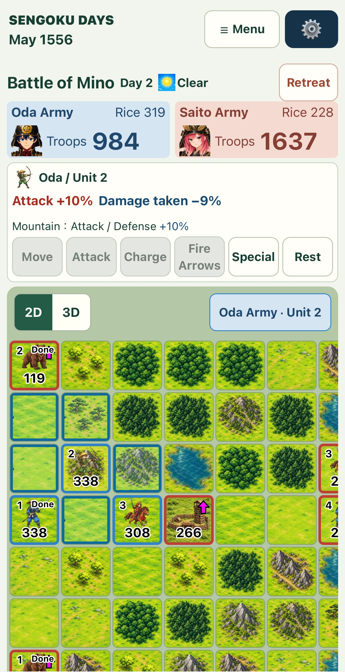 The Battle of Mino in 2D: Oda Army faces Saito Army