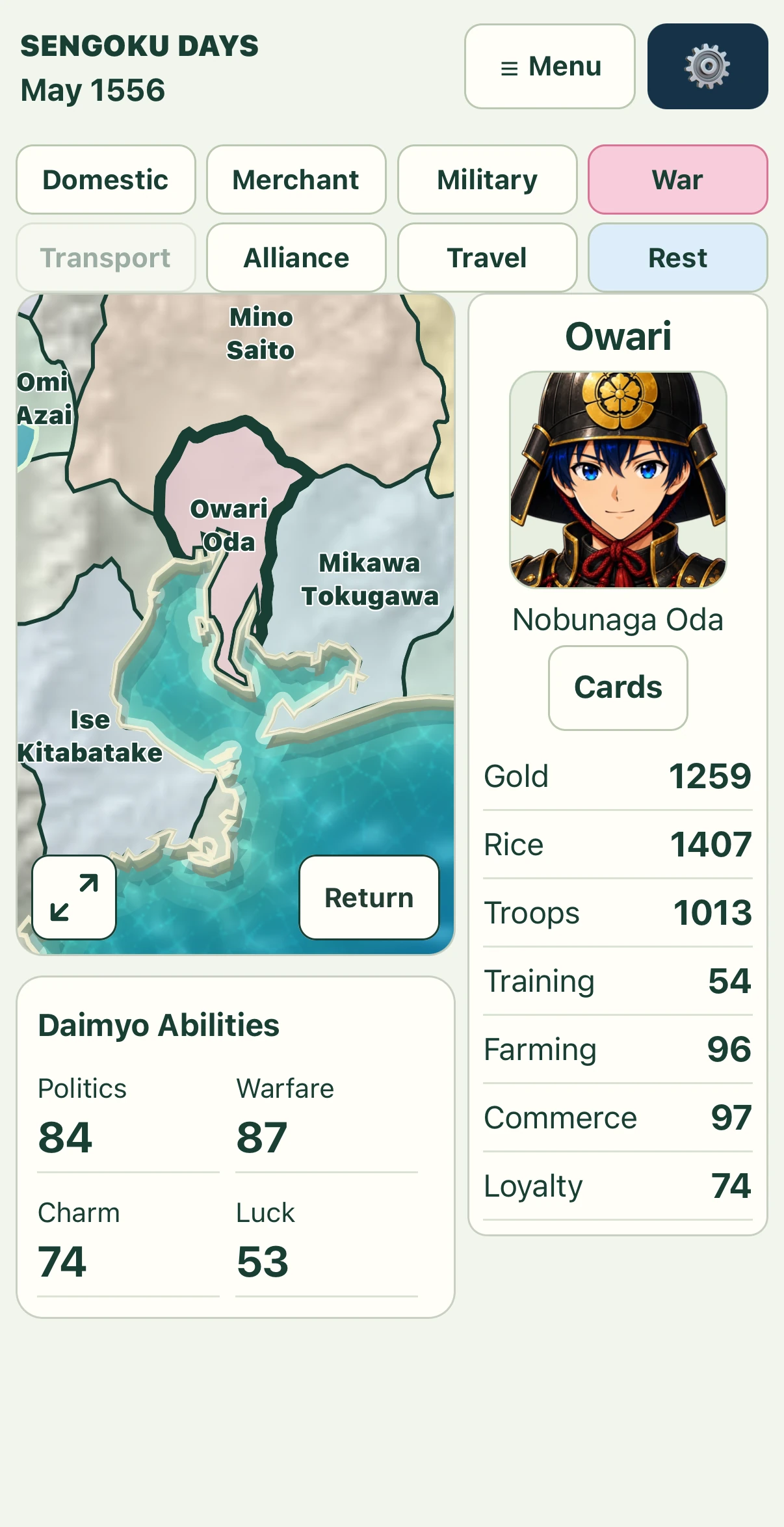 An actual English game screen showing your province and the map