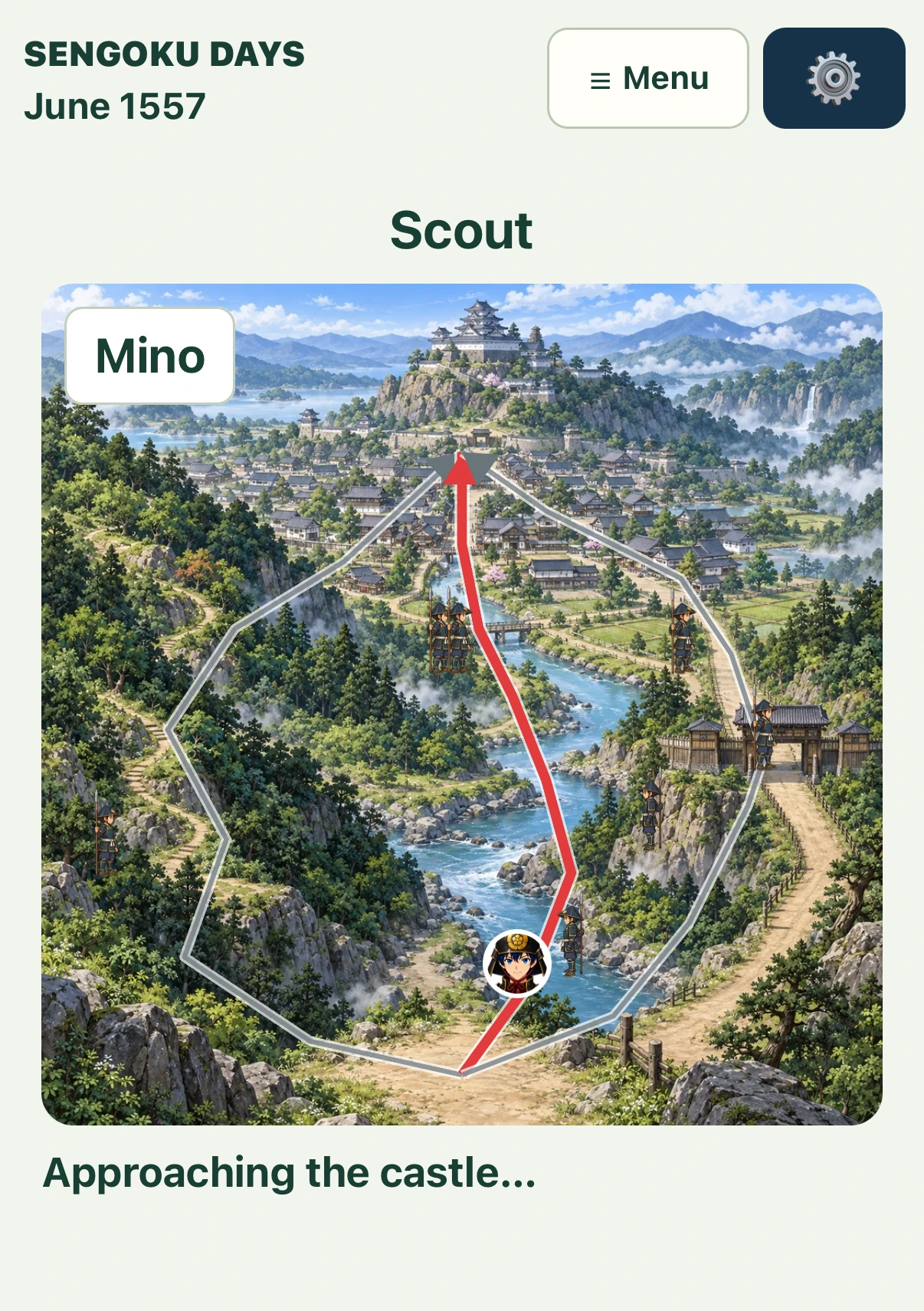 The scouting screen showing an infiltration route toward the castle